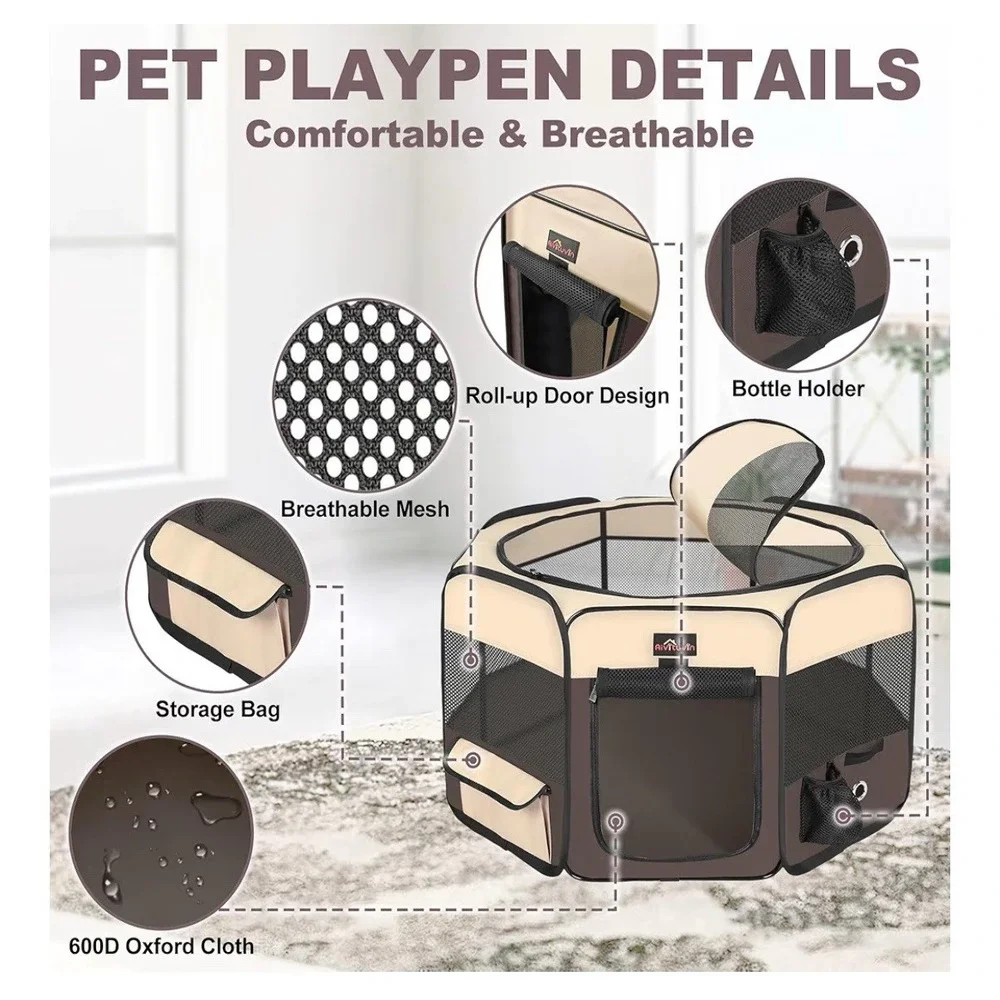 Dog Playpen, Cat Playpen - Foldable Pet Playpen with Carrying Case, M BROWN